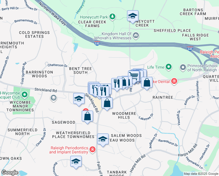 map of restaurants, bars, coffee shops, grocery stores, and more near 705 Porchlamp Court in Raleigh