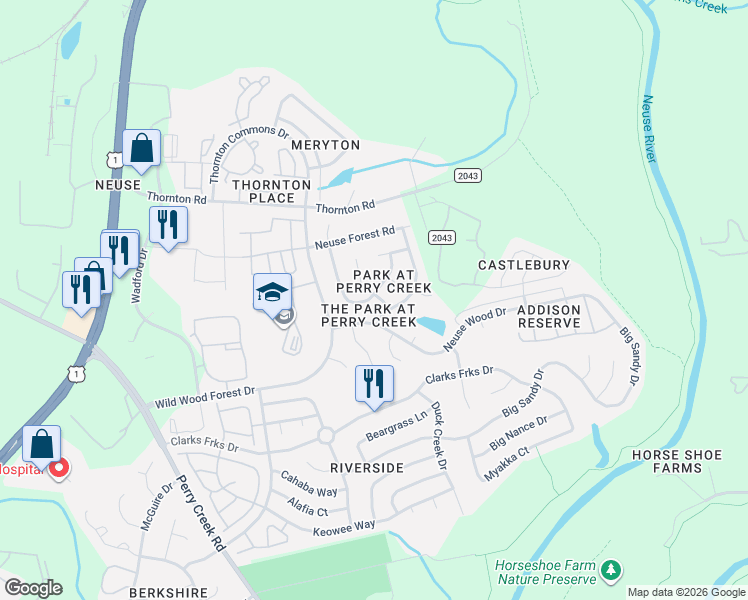 map of restaurants, bars, coffee shops, grocery stores, and more near 8400 Neuse Hunter Drive in Raleigh