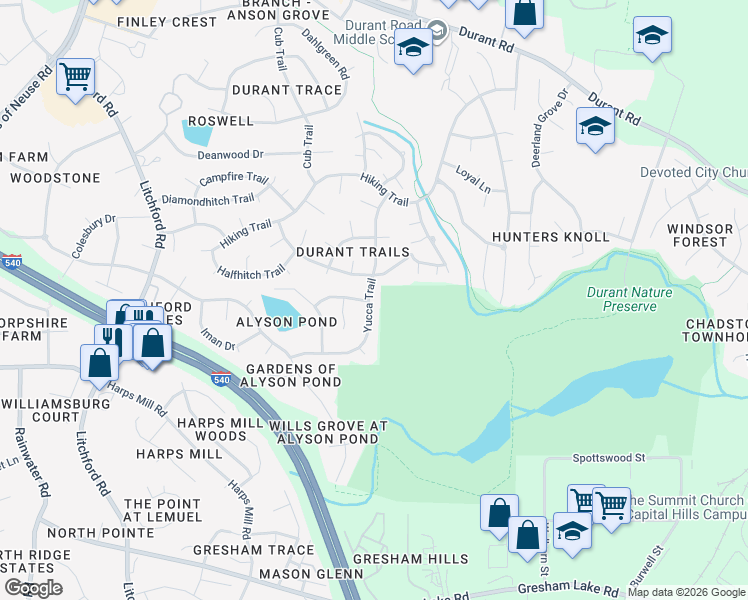 map of restaurants, bars, coffee shops, grocery stores, and more near 8536 Yucca Trail in Raleigh