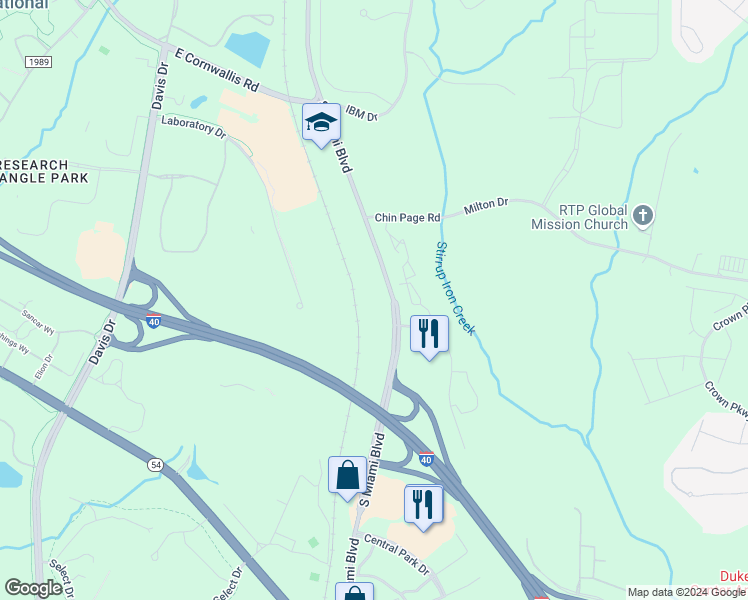map of restaurants, bars, coffee shops, grocery stores, and more near 4610 South Miami Boulevard in Durham