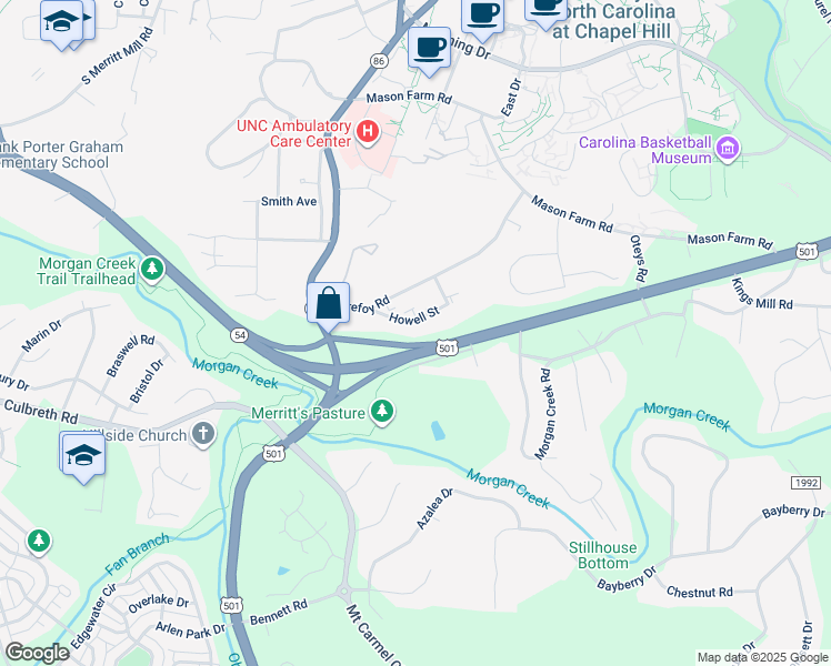map of restaurants, bars, coffee shops, grocery stores, and more near 221 Howell Street in Chapel Hill
