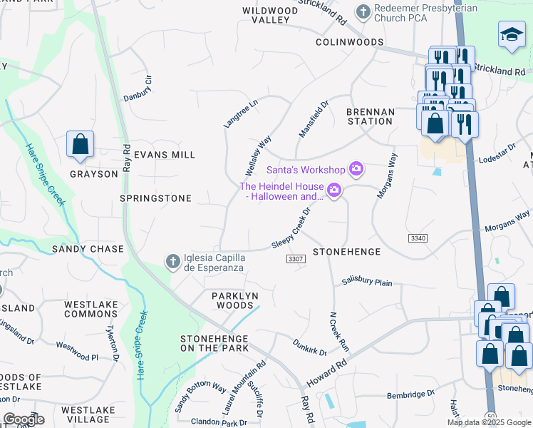 map of restaurants, bars, coffee shops, grocery stores, and more near 8604 Brookdale Drive in Raleigh