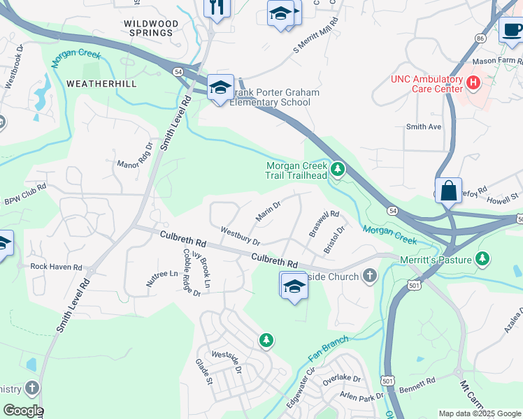 map of restaurants, bars, coffee shops, grocery stores, and more near 114 Marin Drive in Chapel Hill