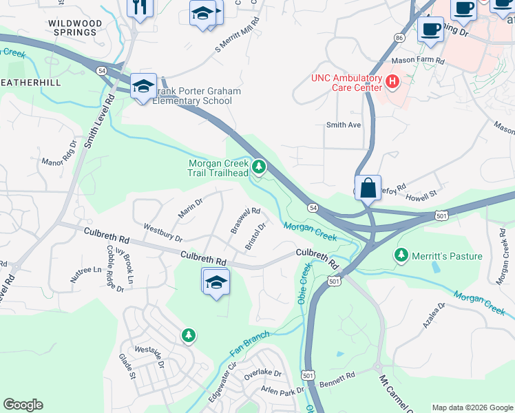 map of restaurants, bars, coffee shops, grocery stores, and more near 117 Braswell Road in Chapel Hill