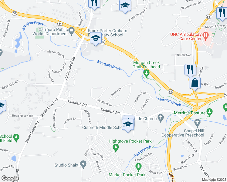 map of restaurants, bars, coffee shops, grocery stores, and more near 114 Marin Drive in Chapel Hill