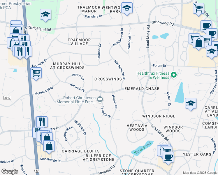 map of restaurants, bars, coffee shops, grocery stores, and more near 8605 Harbor Drive in Raleigh