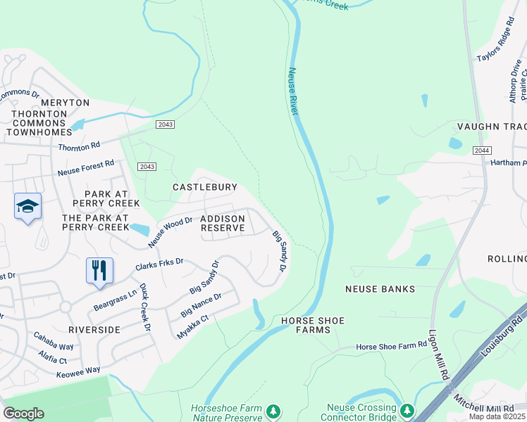 map of restaurants, bars, coffee shops, grocery stores, and more near 6151 Neuse Wood Drive in Raleigh