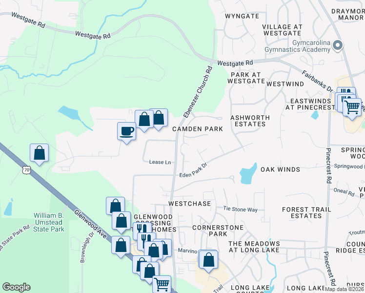 map of restaurants, bars, coffee shops, grocery stores, and more near 8700 Churchdown Court in Raleigh