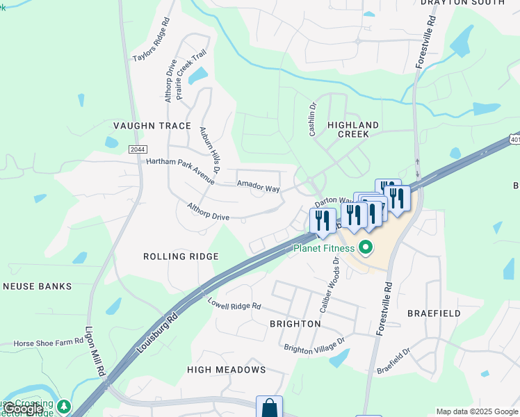 map of restaurants, bars, coffee shops, grocery stores, and more near 3825 Althorp Drive in Raleigh