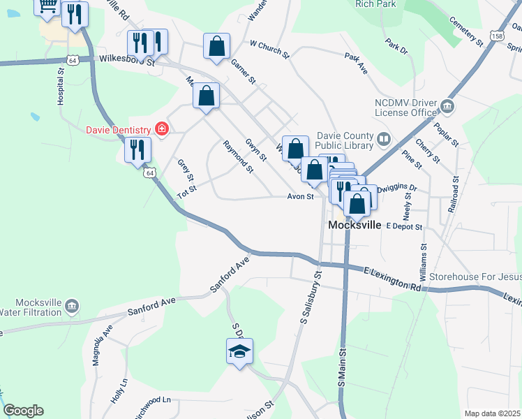 map of restaurants, bars, coffee shops, grocery stores, and more near 282 Avon Street in Mocksville
