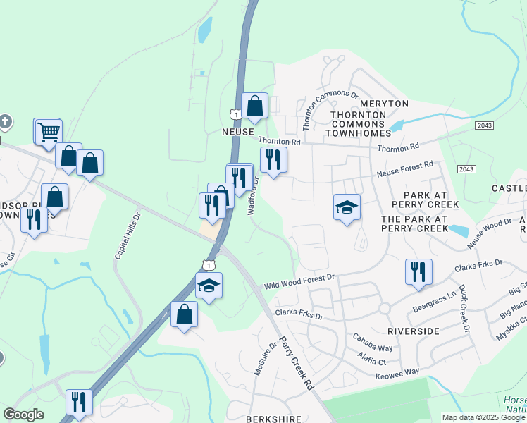 map of restaurants, bars, coffee shops, grocery stores, and more near 8700 Wadford Drive in Raleigh