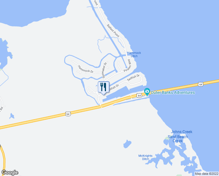 map of restaurants, bars, coffee shops, grocery stores, and more near 1A Sailfish Drive in Manteo