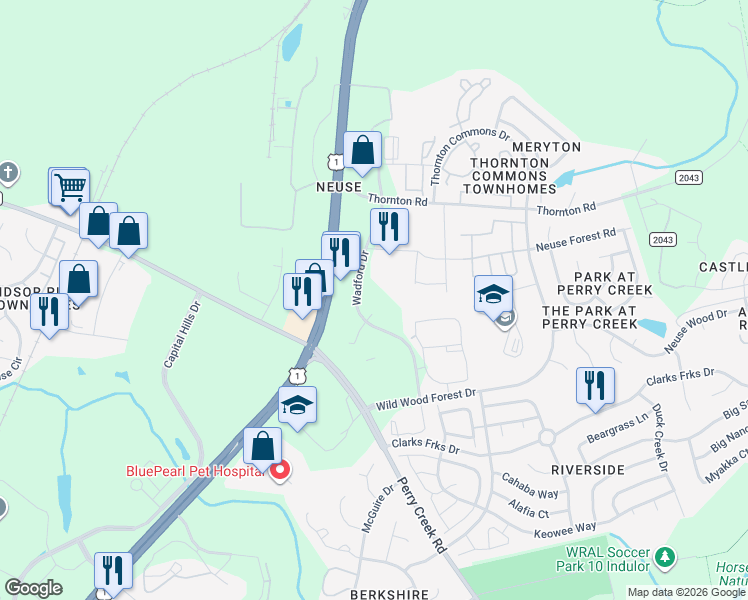 map of restaurants, bars, coffee shops, grocery stores, and more near 8700 Wadford Drive in Raleigh