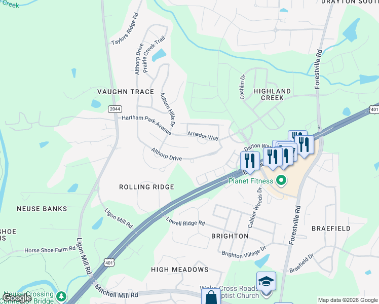 map of restaurants, bars, coffee shops, grocery stores, and more near 8148 Hovingham Way in Raleigh
