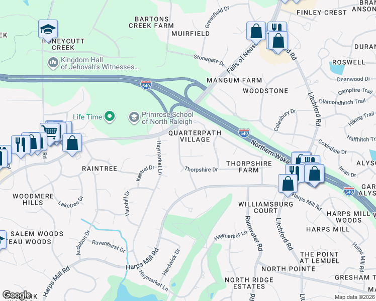 map of restaurants, bars, coffee shops, grocery stores, and more near 8709 Chatterleigh Circle in Raleigh