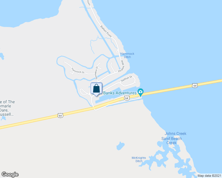 map of restaurants, bars, coffee shops, grocery stores, and more near 5301 Sailfish Drive in Manteo