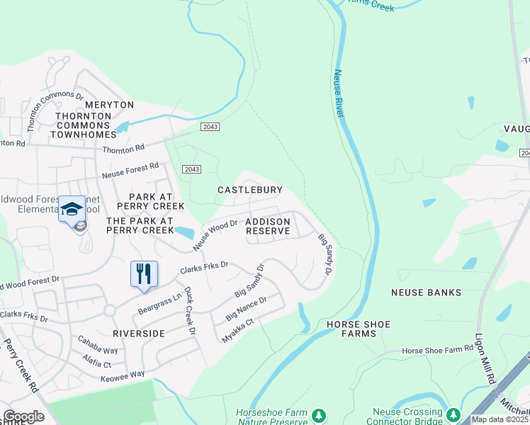 map of restaurants, bars, coffee shops, grocery stores, and more near 6015 Neuse Wood Drive in Raleigh