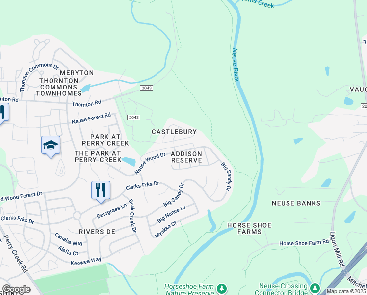 map of restaurants, bars, coffee shops, grocery stores, and more near 6013 Neuse Wood Drive in Raleigh