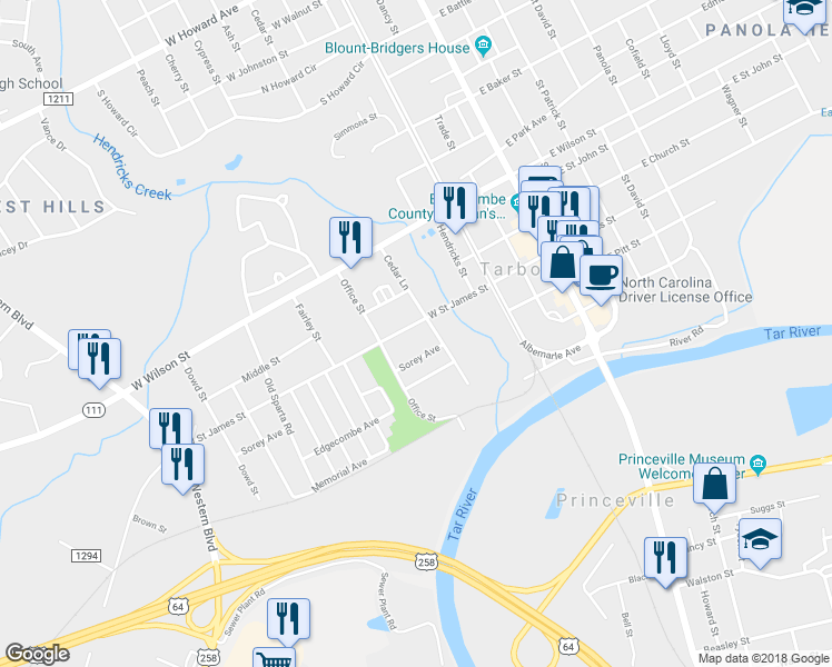 map of restaurants, bars, coffee shops, grocery stores, and more near 503 West Saint James Street in Tarboro
