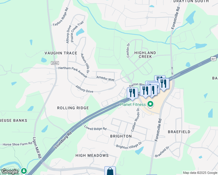 map of restaurants, bars, coffee shops, grocery stores, and more near 3825 Althorp Drive in Raleigh