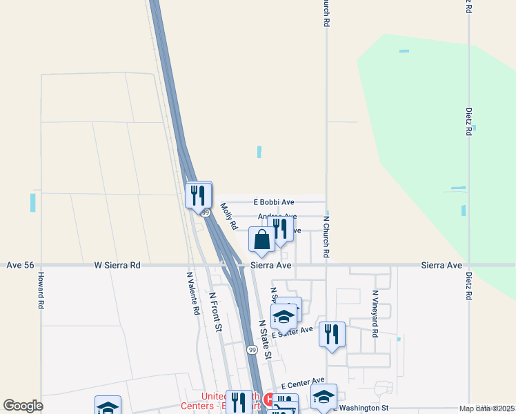 map of restaurants, bars, coffee shops, grocery stores, and more near 493 East Bobbi Avenue in Earlimart