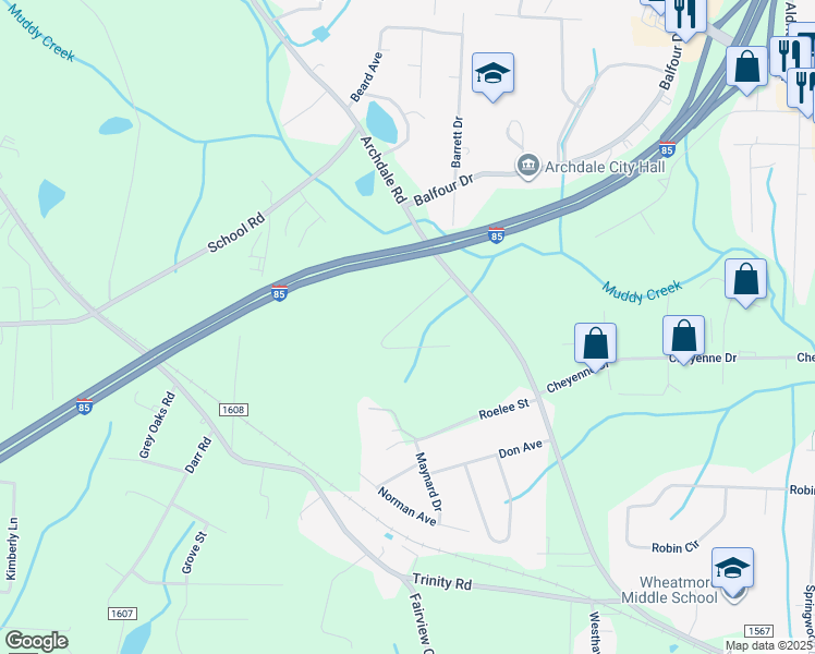 map of restaurants, bars, coffee shops, grocery stores, and more near 115 Elaine Street in Trinity