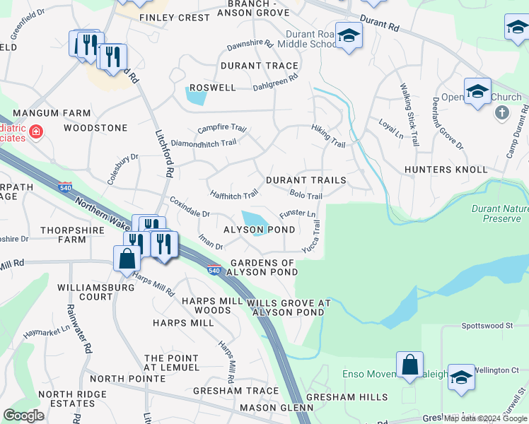 map of restaurants, bars, coffee shops, grocery stores, and more near 8609 Wheeling Drive in Raleigh