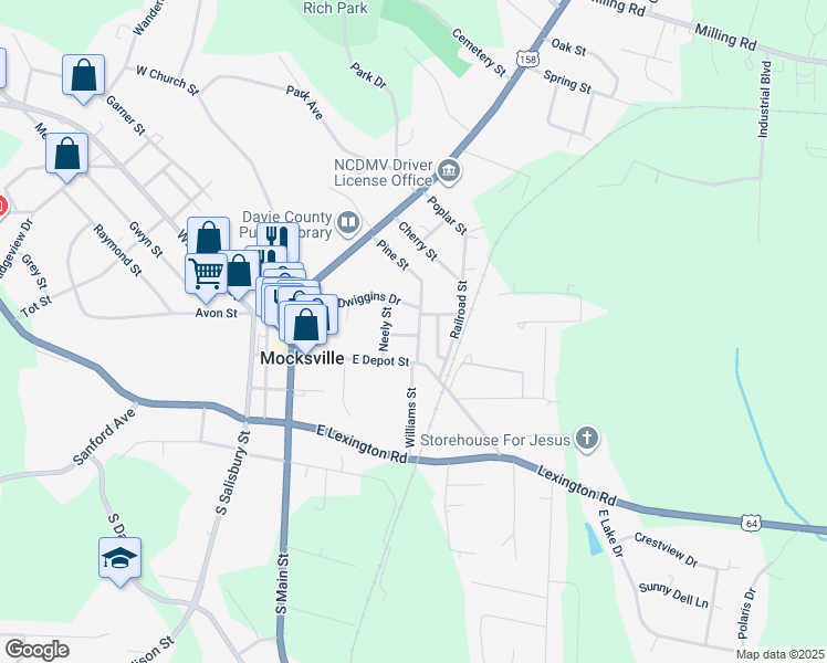 map of restaurants, bars, coffee shops, grocery stores, and more near 378 Pine Street in Mocksville