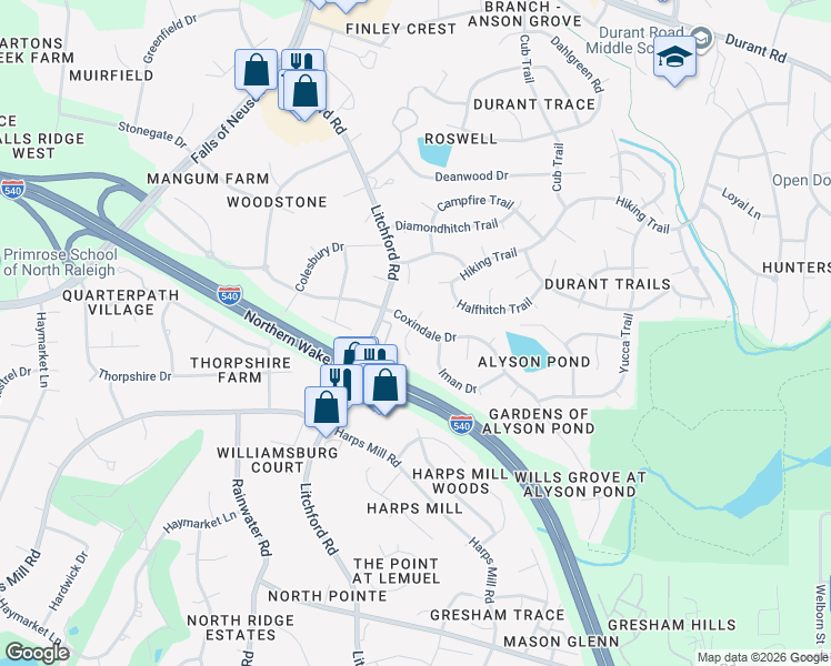 map of restaurants, bars, coffee shops, grocery stores, and more near 8524 Averell Court in Raleigh