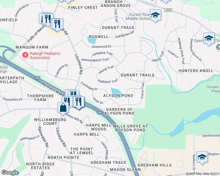 map of restaurants, bars, coffee shops, grocery stores, and more near 2608 Trickle Court in Raleigh