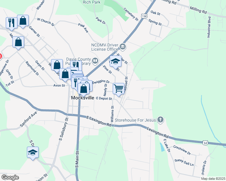 map of restaurants, bars, coffee shops, grocery stores, and more near 378 Pine Street in Mocksville