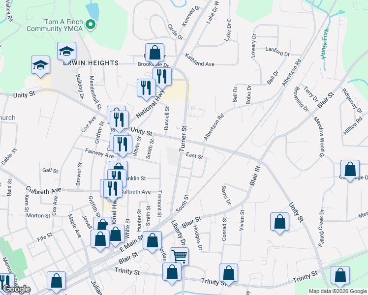 map of restaurants, bars, coffee shops, grocery stores, and more near 405 Turner Street in Thomasville