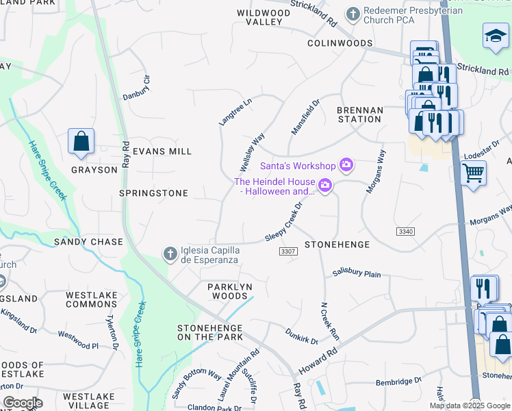 map of restaurants, bars, coffee shops, grocery stores, and more near 8604 Brookdale Drive in Raleigh
