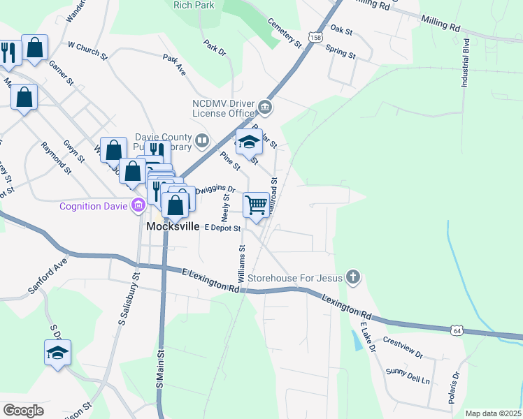 map of restaurants, bars, coffee shops, grocery stores, and more near 160 Foster Street in Mocksville