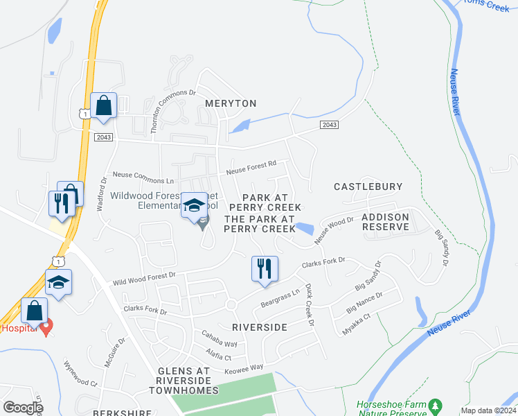 map of restaurants, bars, coffee shops, grocery stores, and more near 8400 Neuse Hunter Drive in Raleigh