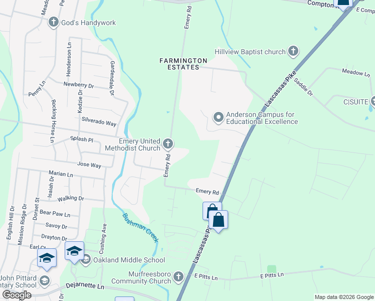 map of restaurants, bars, coffee shops, grocery stores, and more near 2992 Emery Road in Murfreesboro