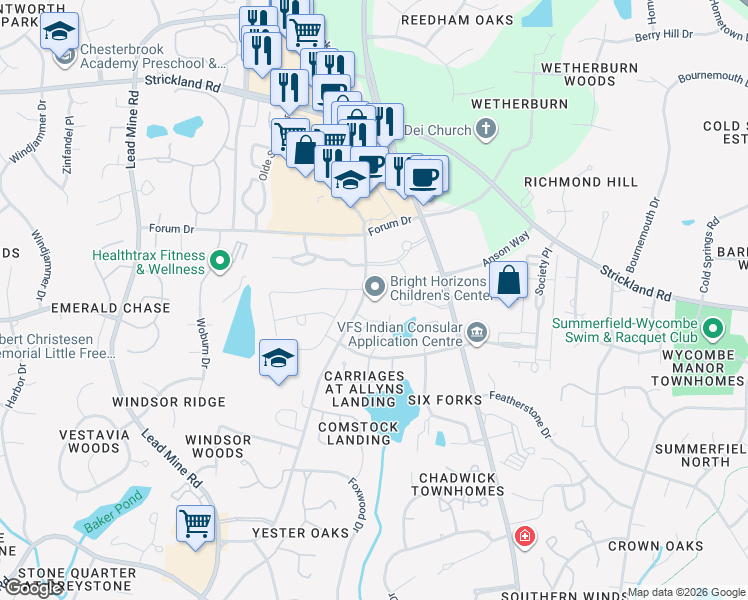 map of restaurants, bars, coffee shops, grocery stores, and more near 8516 Old Lead Mine Road in Raleigh