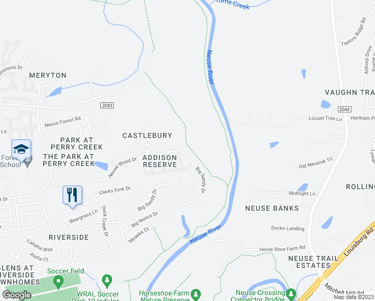 map of restaurants, bars, coffee shops, grocery stores, and more near 6147 Neuse Wood Drive in Raleigh