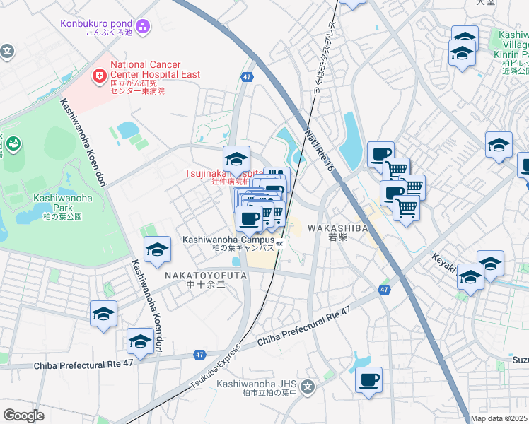 map of restaurants, bars, coffee shops, grocery stores, and more near in Kashiwa