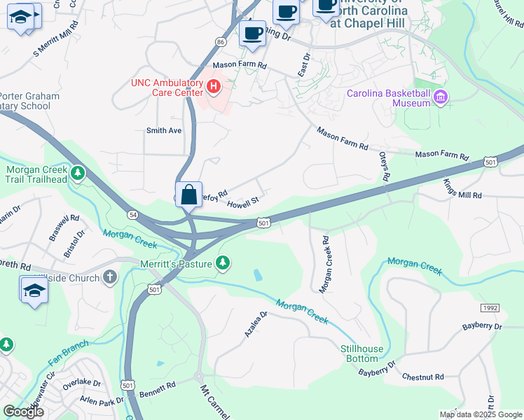 map of restaurants, bars, coffee shops, grocery stores, and more near 201 Howell Street in Chapel Hill