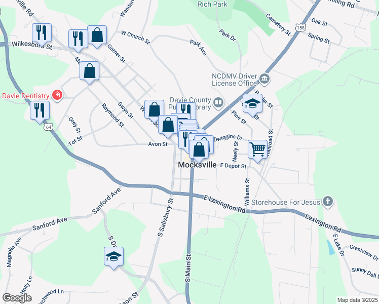 map of restaurants, bars, coffee shops, grocery stores, and more near 151 North Main Street in Mocksville