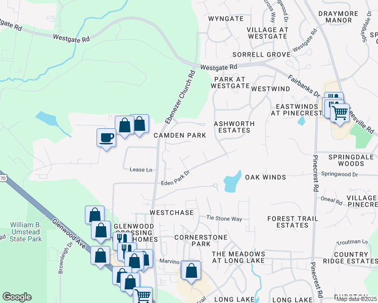 map of restaurants, bars, coffee shops, grocery stores, and more near 8408 Dunnington Circle in Raleigh