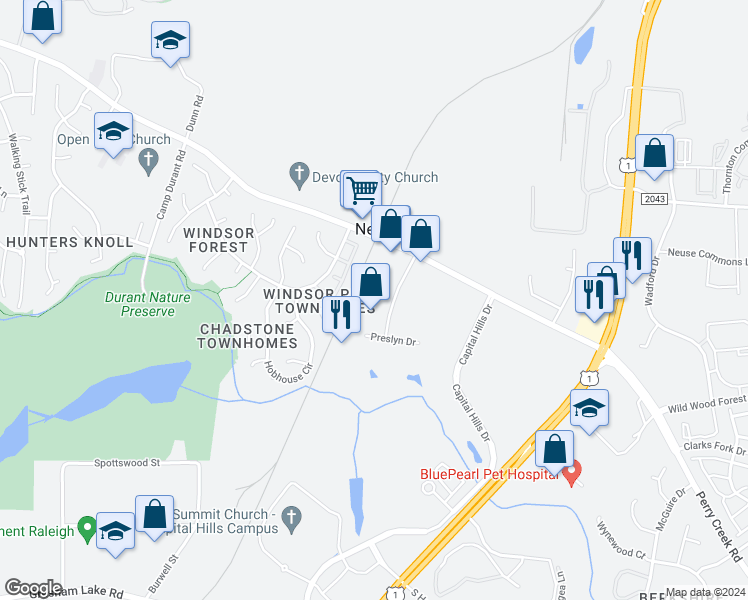 map of restaurants, bars, coffee shops, grocery stores, and more near 8431 Garvey Drive in Raleigh