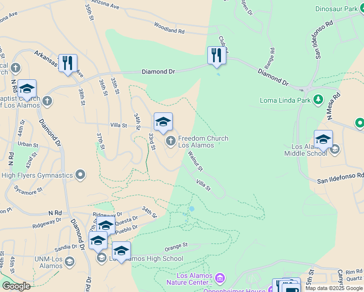 map of restaurants, bars, coffee shops, grocery stores, and more near 3242 Walnut Street in Los Alamos