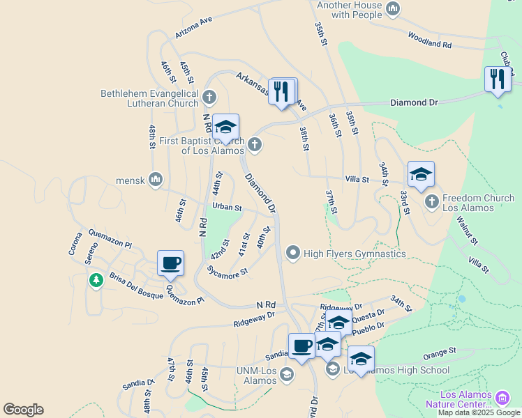 map of restaurants, bars, coffee shops, grocery stores, and more near 2108 41st Street in Los Alamos
