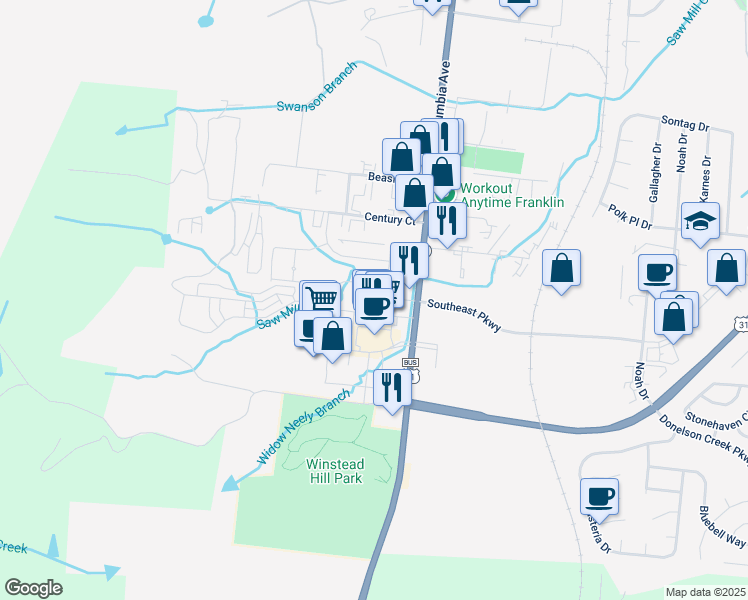 map of restaurants, bars, coffee shops, grocery stores, and more near 1200 Shadow Green Drive in Franklin