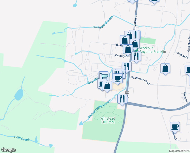 map of restaurants, bars, coffee shops, grocery stores, and more near 524 Vintage Green Lane in Franklin