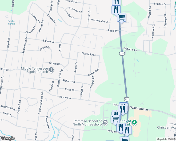map of restaurants, bars, coffee shops, grocery stores, and more near 2707 Morgan Road in Murfreesboro