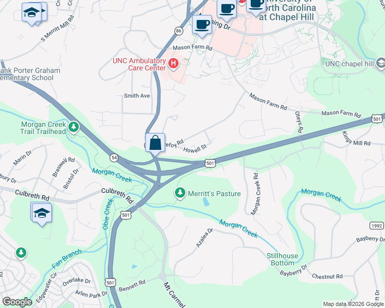 map of restaurants, bars, coffee shops, grocery stores, and more near 221 Howell Street in Chapel Hill