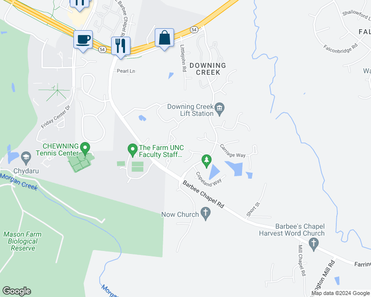 map of restaurants, bars, coffee shops, grocery stores, and more near 18 Winslow Place in Chapel Hill
